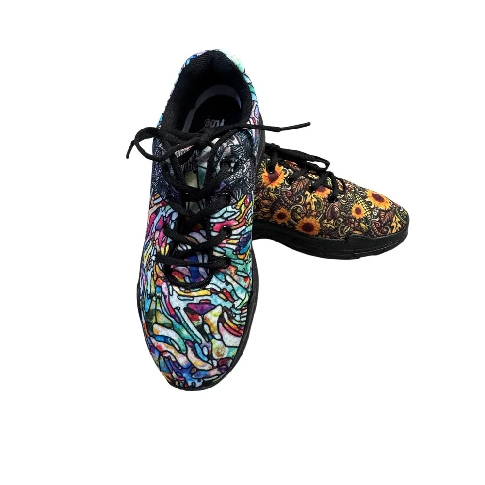 Yes We Vibe Womens Sz 7 Sneakers Mismatched Sunflowers Colorful Art Shoes